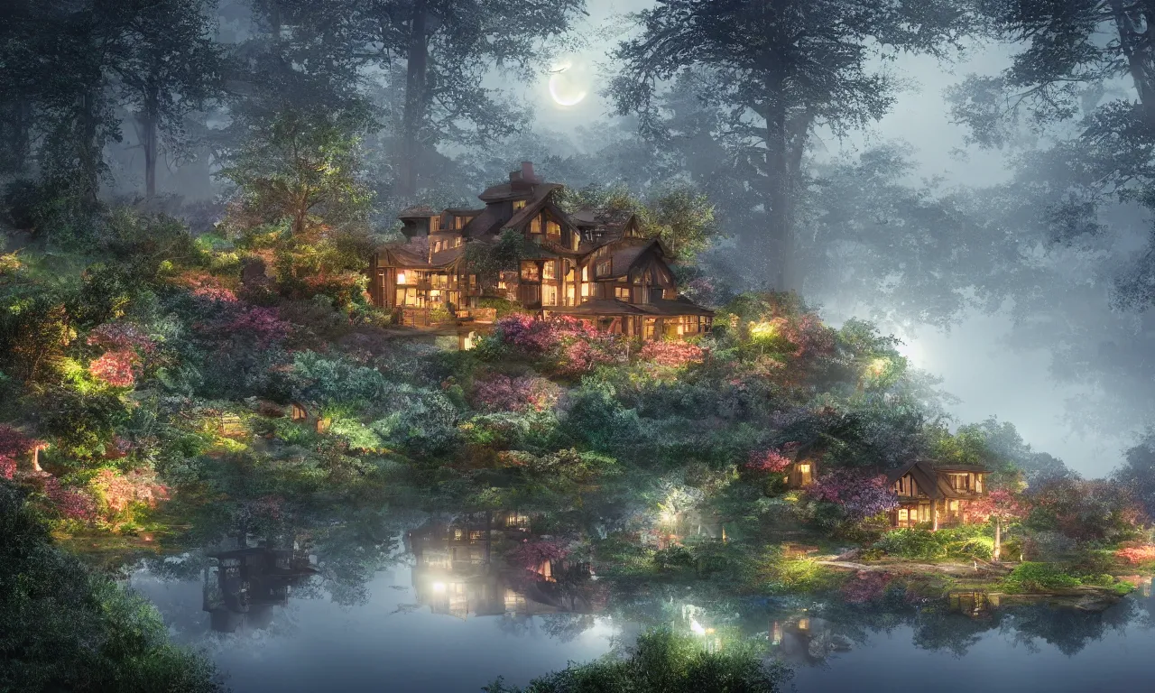 Prompt: a stunning lake house, beautiful lake in the foreground, moonlit night dreamy atmosphere, highly detailed twigs and plants in the forest, bioluminiscent butterflies in the fog in a bokeh background, deep colors, photorealistic digital arts, in anime style, smooth and rich color scheme, artstation, 8K