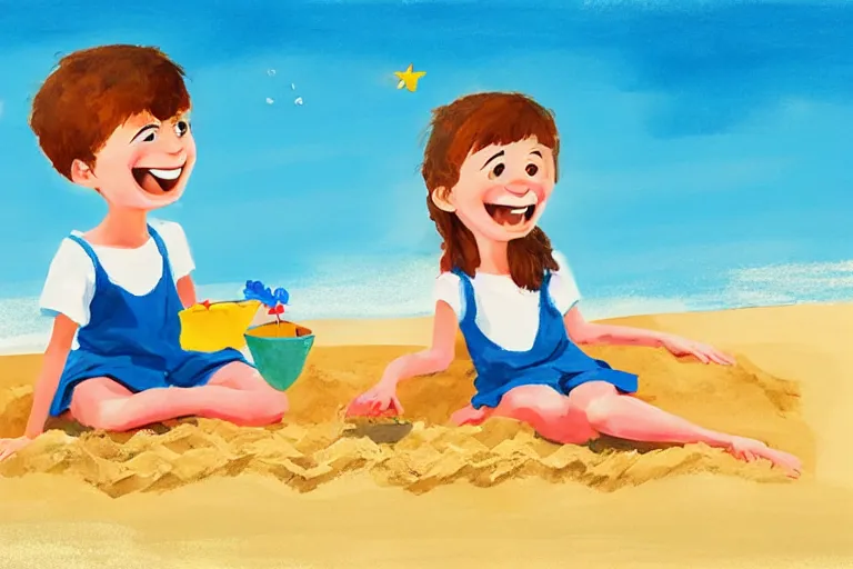 Prompt: Two happy children sitting on the beach making sandcastles, blue sky, HD, artstation, illustration by Benji Davies