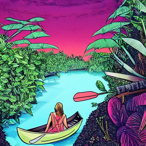 Prompt: a woman lying down in a canoe that is floating down a river on an alien planet, in the background is lush alien jungle, detailed face background detail, graphic novel,