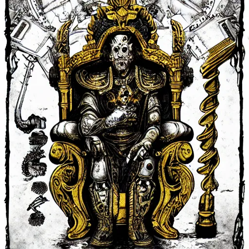 Prompt: illustration. the emperor on his golden throne. 4 0 k. body horror.