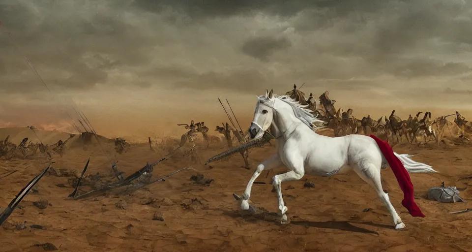 Prompt: a highly detailed riderless white horse wounded heavily by multiple arrows in the aftermath of a battlefield during the islamic era that took place in the middle of the desert with a warrior's sword burried into the ground and burning tents and women covered in black veil seen in the background and the sky is filled with dark red clouds and a red sun, artistic, intricate details, historical, cinematic