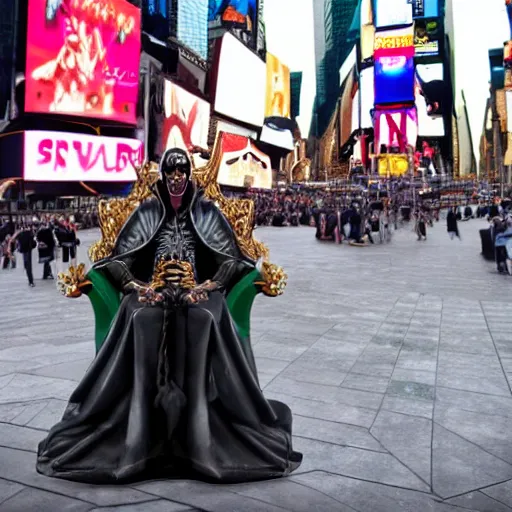 Prompt: Ainz Ooal Gown sitting on his throne in times square new york, realistic, 4k