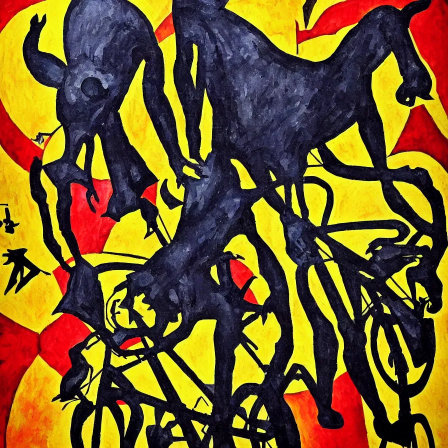 Image similar to the tour de france . painted in german expressionist style by a triceratops