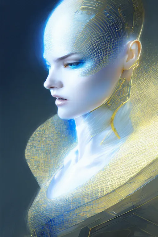 Image similar to detailed portrait glam cyber noun, attractive feminine curves, intricate, scifi, futuristic, elegant cape, elegant, alien room background, white, blue, gold, photorealism, intricate line drawings, by craig mullins, ruan jia, kentaro miura, greg rutkowski, loundraw