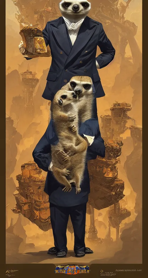 Prompt: a meerkat with suit as president of russia, pulp art, deep focus, turnaround, pulp art, fantasy, intricate, elegant, highly detailed, digital painting, artstation, concept art, matte, sharp focus, illustration, hearthstone, art by rhads and artgerm and greg rutkowski and alphonse mucha