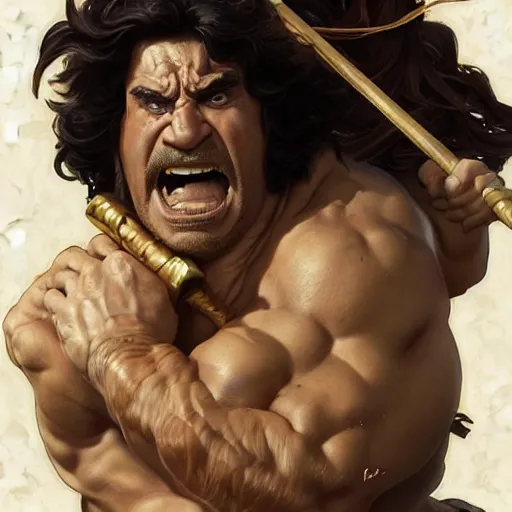 Image similar to hulking herculean barbarian danny devito, masterpiece, intricate, elegant, highly detailed, digital painting, artstation, concept art, smooth, sharp focus, illustration, art by artgerm and greg rutkowski and alphonse mucha and uang guangjian and gil elvgren and sachin teng, symmetry!!