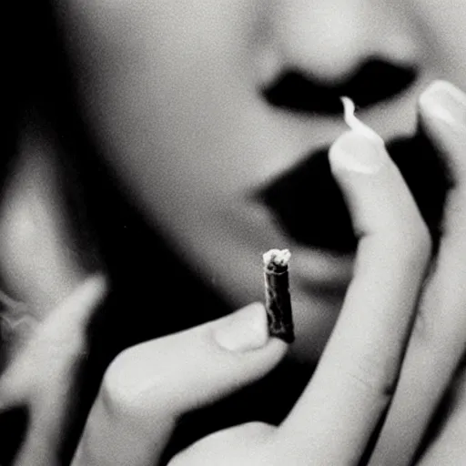 Prompt: Close-up of highly detailed female's hand holding cigarette with smoke, vintage photo,