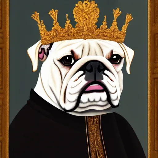 Prompt: a renaissance style portrait painting of a mostly white bulldog, wearing a crown and cape, dark background. trending on artstation.
