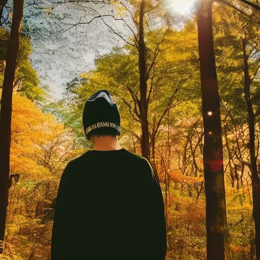 Image similar to 1 9 9 0 s candid 3 5 mm photo of a beautiful forest in tokyo, cinematic lighting, cinematic look, golden hour, the clouds are epic and colorful with cinematic rays of light, a man walks down the center of the forest with a beanie on, photographed by petra collins, uhd