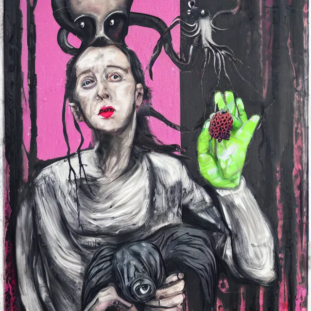 Image similar to a portrait in a dark apartment, rats, a widow holding an octopus, streetlamps, wet, puddles, wild berries, metaphysical, neo - expressionism, surrealism, acrylic and spray paint and oilstick on canvas