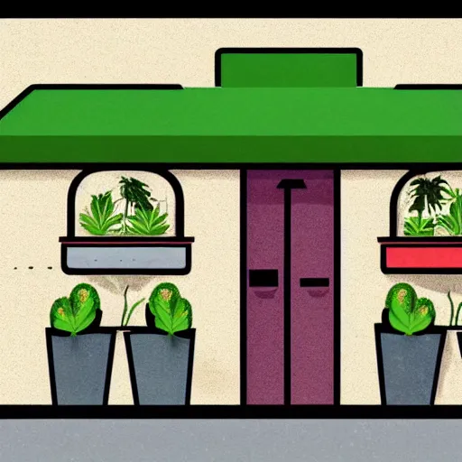 Image similar to isometric cute cartoon illustration style cafe australian, decorated with only two cute cannabis pot plants 🪴 utopian australiana simple frontage, poster, beautiful composition pastel palette by will barnet, digital art, hyperrealistic soft, inked digital, render cartoon by pixar