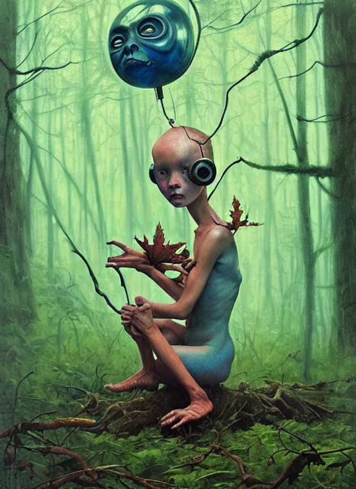 Image similar to cute alien in the woods by a river gorgeous lighting, lush forest foliage blue sky a hyper realistic painting by chiara bautista and beksinski and norman rockwell and greg rutkowski, tom bagshaw weta studio, and lucasfilm