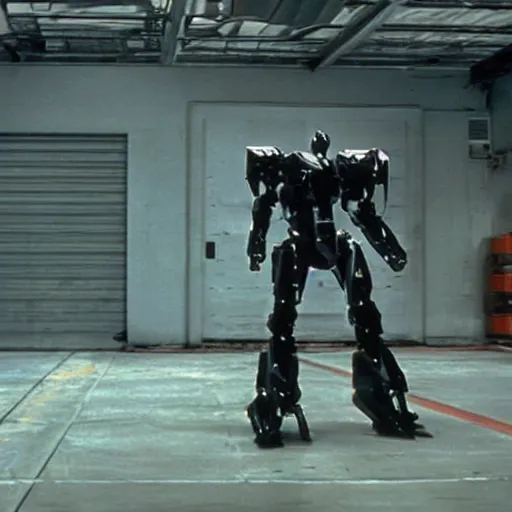 Prompt: metal gear mech in a warehouse, dramatic shot, 1 9 8 7, movie still