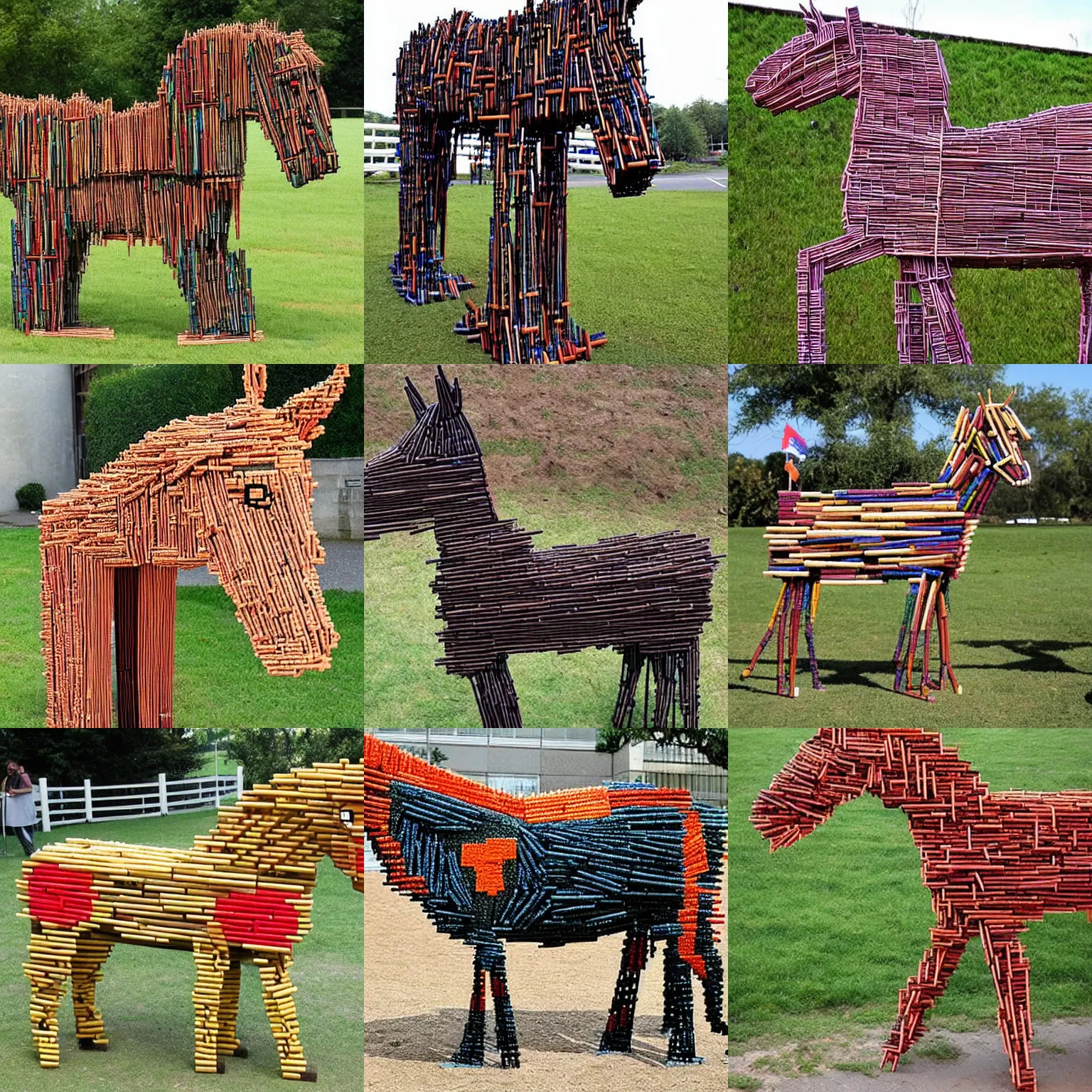 Prompt: a life size horse made entirely out of matchsticks