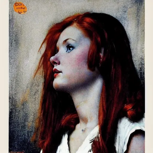 Prompt: a redhead girl thinking, portrait, centered, artwork by Norman Rockwell, cinematic view, high quality