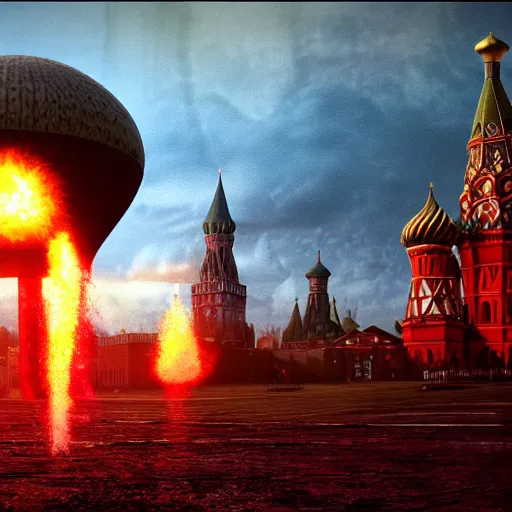 Image similar to a big nuclear explosion with realistic nuclear mushroom in Red Square Kremlin, dramatic lighting, cinematic, extremely high detail, photo realistic, cinematic lighting, post processed, concept art, artstation, matte painting, unreal engine 8k