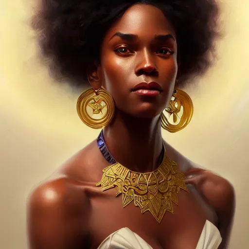 Image similar to portrait of an african american goddess, half body, perfect face, intricate, elegant, highly detailed, digital painting, artstation, concept art, smooth, sharp focus, illustration, art by artgerm and greg rutkowski and alphonse mucha