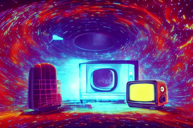 Prompt: toaster emerging from a space portal in cyberspace, fractal, in 1 7 6 7, cutecore clowncore, bathed in the glow of a crt television, alien castle in background, low - light photograph, in style of tyler mitchell