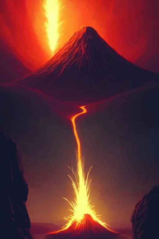 Image similar to coffee cup with whipped cream, volcano erupting from inside the cream, stephen bliss, unreal engine, fantasy art by greg rutkowski, rhads, ferdinand knab, makoto shinkai and lois van baarle, ilya kuvshinov, rossdraws, tom bagshaw, global illumination, radiant light, red blue theme, pine forest