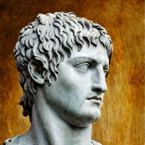 Image similar to roman statue of Caesar, hair texture, impressionist oil painting