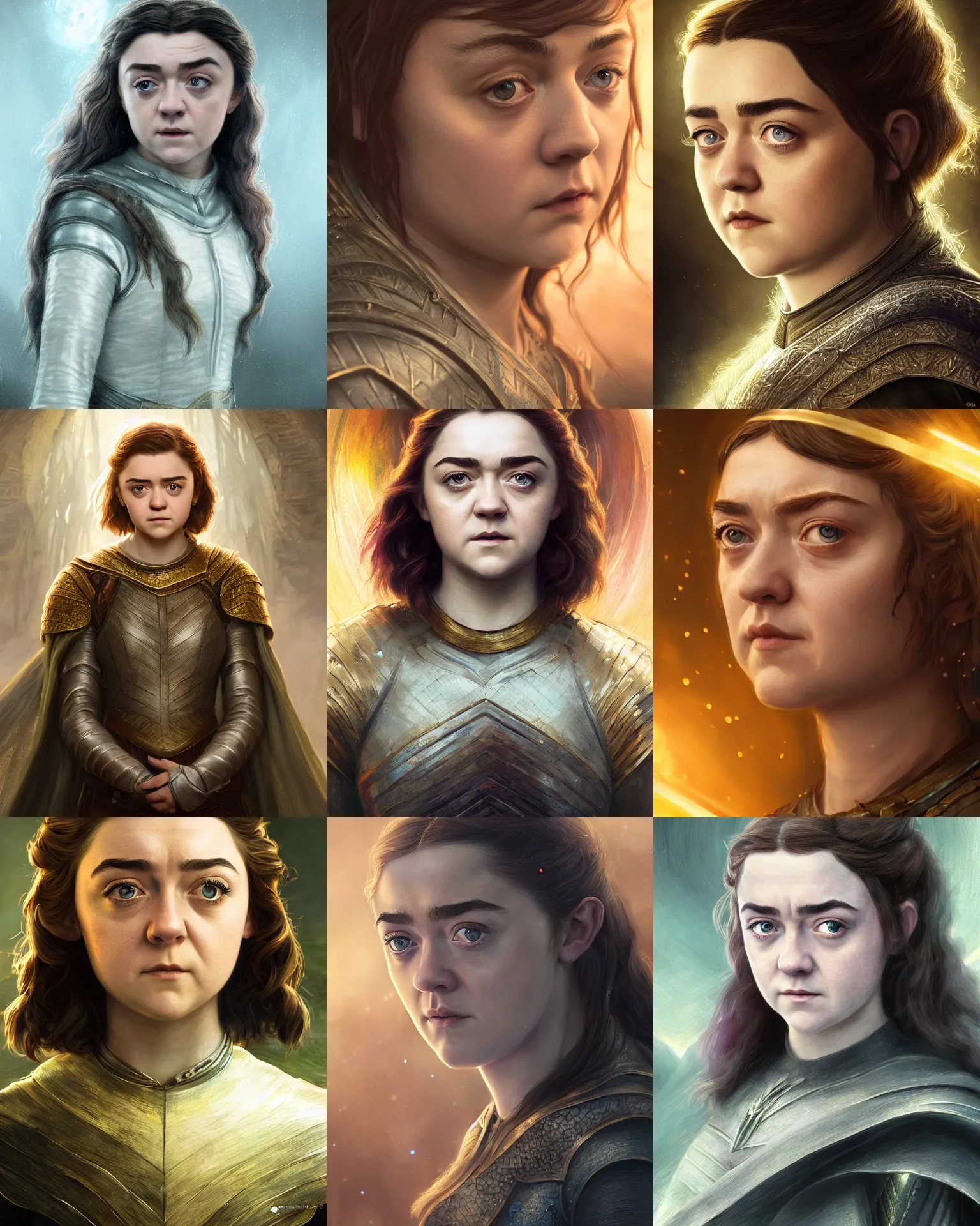 Prompt: portrait art of Maisie Williams as Galadriel 8k ultra realistic , lens flare, atmosphere, glow, detailed, intricate, full of color, cinematic lighting, trending on artstation, 4k, hyperrealist, focused, extreme details, unreal engine 5, cinematic, masterpiece by Edgar Maxence and Ross Tran