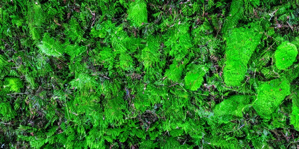 Prompt: top view of forest ground with moss, roots and ferns, tiny light bugs, god's rays, light fog, mysterious atmosphere