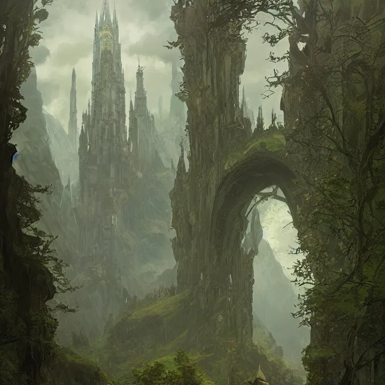 Image similar to digital art painting of tolkien inspired high castle with wizard towers and walls, elegant architecture on top of a green forest, artstation art by greg rutkowski and alphonse mucha