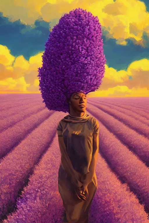 Image similar to portrait, giant lilac flower as head, black woman in heather field, surreal photography, golden hour, colorful clouds, impressionist painting, digital painting, artstation, simon stalenhag