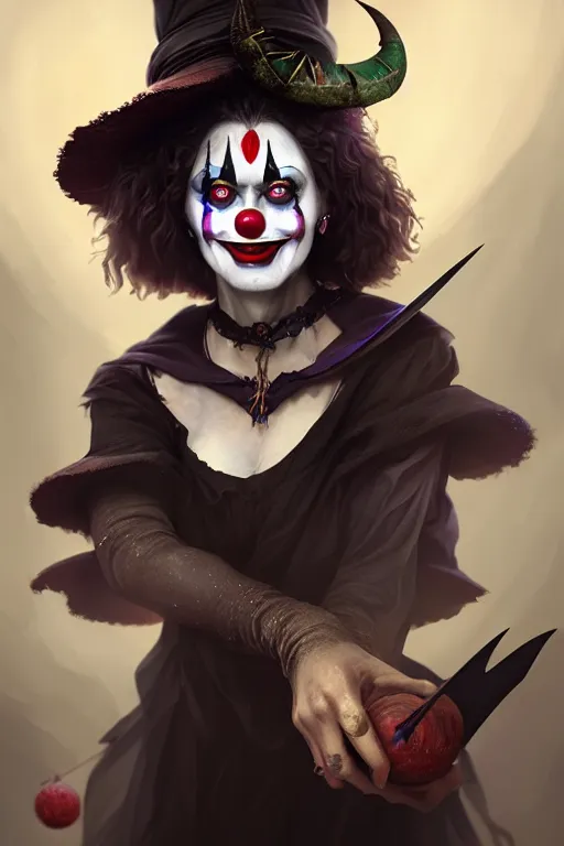 Image similar to beautiful ancient witch with clown face uses bat magic, highly detailed, digital painting, artstation, sharp focus, illustration, art by tan zi and ayanamikodon and alphonse and wlop