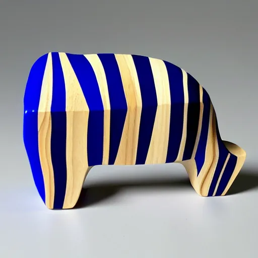 Image similar to a beautiful!!!!! minimalist curvy shaped small sculpture of hippopotamus!!!, ( ( wood ) ) and ( ( blue epoxy ) ), cubic blocks mix stripes cuts, side view profile centered, curves design, minimal, ambient, wood r