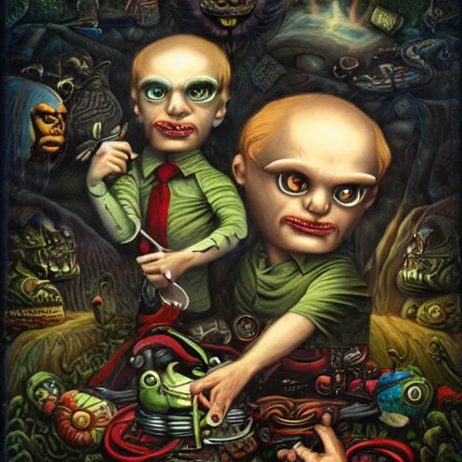 Prompt: Prometheus painting by Mark Ryden and Todd Schorr highly detailed