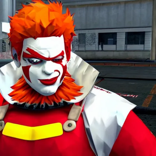 Image similar to image of ronald mcdonald, white face, red afro, red nose and yellow outfit as an enemy in metal gear solid 1 video game, with low poly playstation 1 graphics, upscaled to high resolution