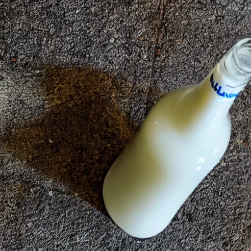 Prompt: bottle of milk in the floor inside a jailcell behind bars