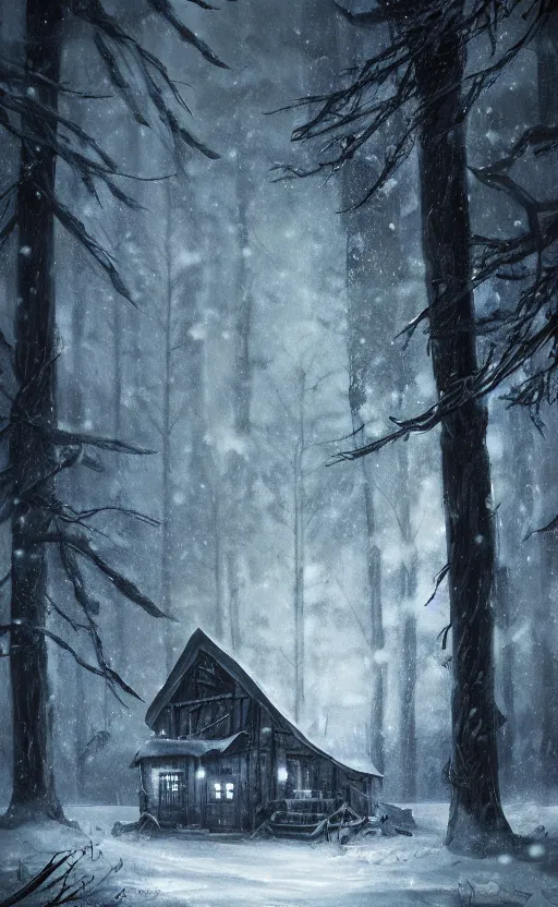 Image similar to a dark fantasy concept art of a snowy forest with a single cabin in the woods, with lights on in the cabin, dynamic lighting, cinematic, ultra detailed, trending on art station, stunning visuals, atmospherical, ambient lighting, realism, lonely vibe