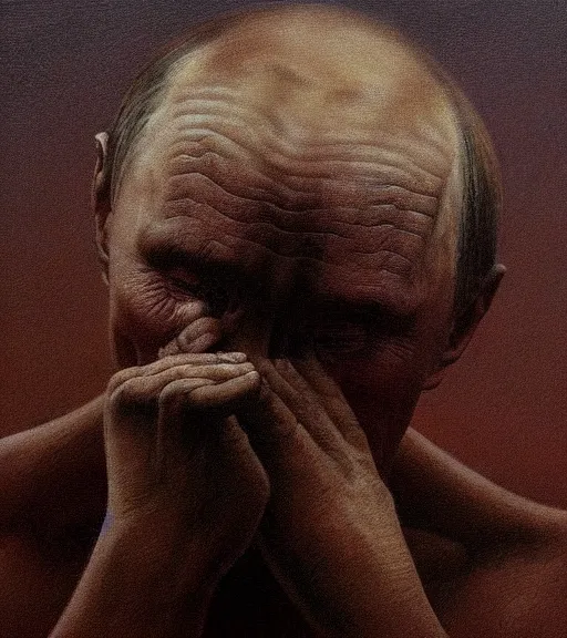 Image similar to Portrait painting of Vladimir Putin crying and suffering in a style of Beksinski.