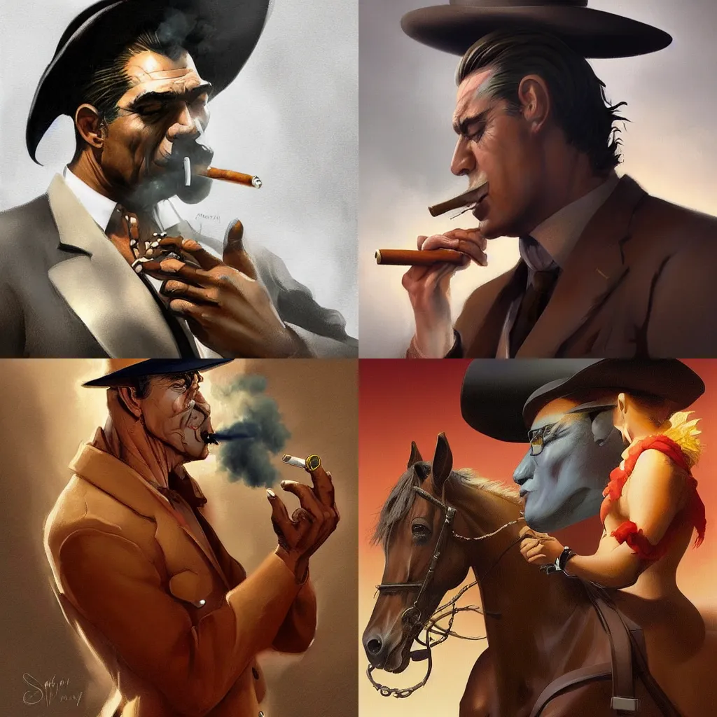 Prompt: A beautiful digital painting of a horse in the mafia smoking a cigarre , by Stanley Artgerm Lau, frank frazetta, Rossdraws, James Jean, gerald brom, Andrei Riabovitchev, Marc Simonetti, and Sakimichan, trending on artstation, SFW version