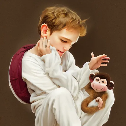 Image similar to young boy wearing white fabric pajama with cartoon paintings on it hugging a small monkey in his hands. highly detailed, digital painting, artstation, concept art, smooth and sharp focus, cg by tian zi and wlop and alphonse mucha