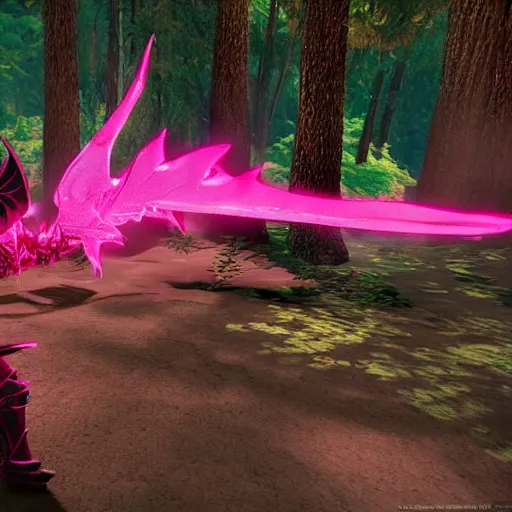 Image similar to a girl dressed in a pink knight armor fights a huge red dragon in the deep forest, highly detailed, intrusion atmosphere, unreal engine
