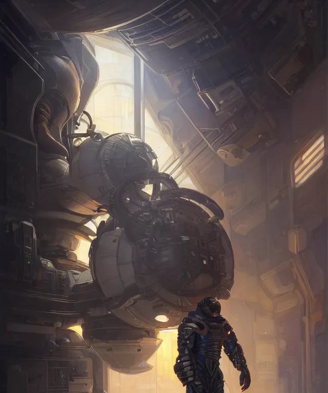 Prompt: Short muscular man in spacecraft loading bay, portrait, face, dark hair, black skin, sci-fi, intricate, elegant, highly detailed, digital painting, artstation, concept art, smooth, sharp focus, illustration, art by artgerm and greg rutkowski and alphonse mucha