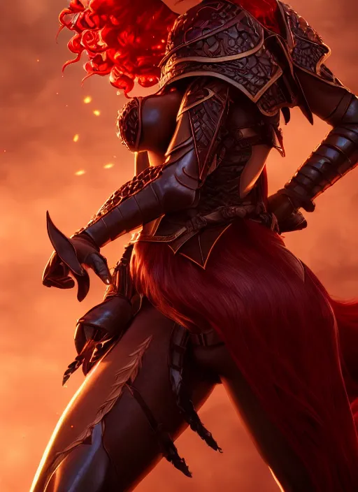 Image similar to leather armor!!! beautiful and elegant curly red hair female elf!! gorgeous ayes!! character concept art, sharp focus, octane render! unreal engine 5! highly rendered!! trending on artstation!! detailed linework!! illustration by artgerm, wlop, and chie yoshii