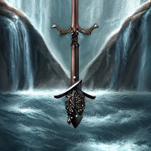 Prompt: a sword floating in the middle of a waterfall, digital art, trending on artstation