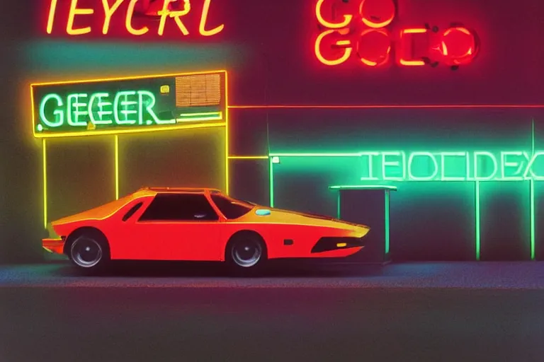 Prompt: designed by Giorgetto Giugiaro poster of a T-Rex thick neon lights, ektachrome photograph, volumetric lighting, f8 aperture, cinematic Eastman 5384 film