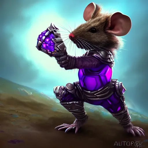 Prompt: armored mouse warrior reaching for a floating purple crystal, Digital Oil Painting, trending on Artstation, highly detailed, 8k, UHD