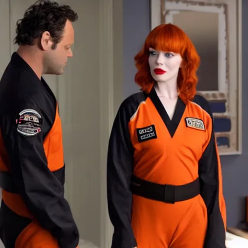 Image similar to vince vaughn as jack fenton, he is wearing an orange coveralls bodysuit with a black neck and a black belt, and christina hendricks as maddie fenton, she is wearing a tight teal coveralls bodysuit with a black neck and black belt, movie photo, spooky netflix still shot, they are looking for ghosts