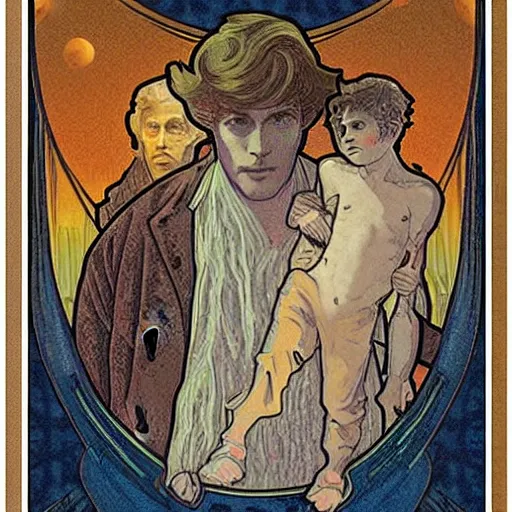 Image similar to thomas newton, the man who fell to earth, mucha style,