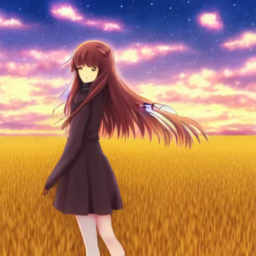 Image similar to anime illustration of Holo from Spice and Wolf standing in a wheat field at sunset, Holo is a wolf girl, high detail, trending on pixiv