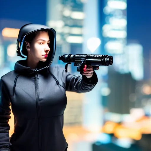 Image similar to photographic portrait of a techwear woman presenting a bullet, closeup, on the rooftop of a futuristic city at night, sigma 85mm f/1.4, 4k, depth of field, high resolution, full color, award winning photography