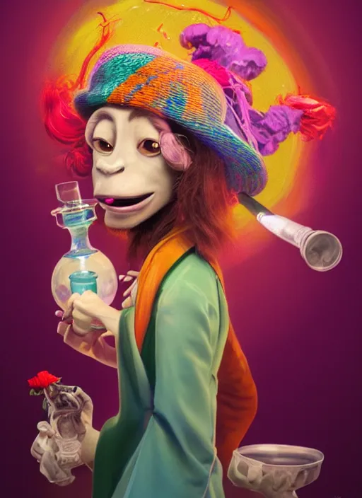 Image similar to an anthropomorphic beautiful female scientist portrait blowing a bong wearing colourful robe, fine art, wizard hat, award winning, intricate, elegant, sharp focus, octane render, hyperrealistic, wizard hat cinematic lighting, highly detailed, digital painting, 8 k concept art, art by jamie hewlett and z. w. gu, masterpiece, trending on artstation, 8 k