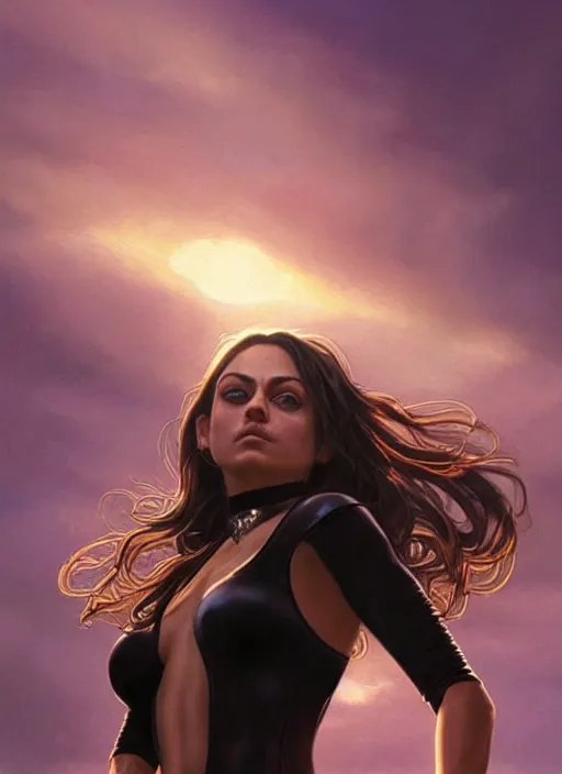 Image similar to epic portrait of Mila Kunis wearing black choker, a very strong muscled Amazon heroine, sun beams across sky, pink golden hour, intricate, elegance, highly detailed, shallow depth of field, epic vista, concept art, art by Artgerm and Donato Giancola, Joseph Christian Leyendecker