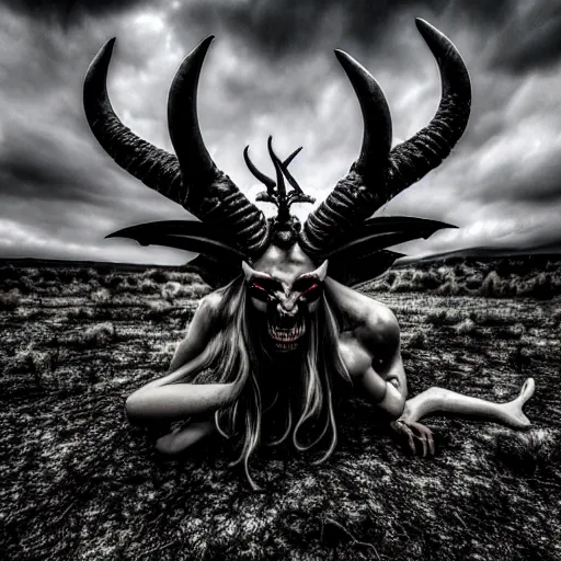 Image similar to Photo taken in the 2000's of a demon with four horns and four wings, photorealistic, film still, desolate, terrifying, weird, strange, odd, uncanny, hyper realism, highly detailed, photorealism, smooth gradients, high contrast, photorealistic